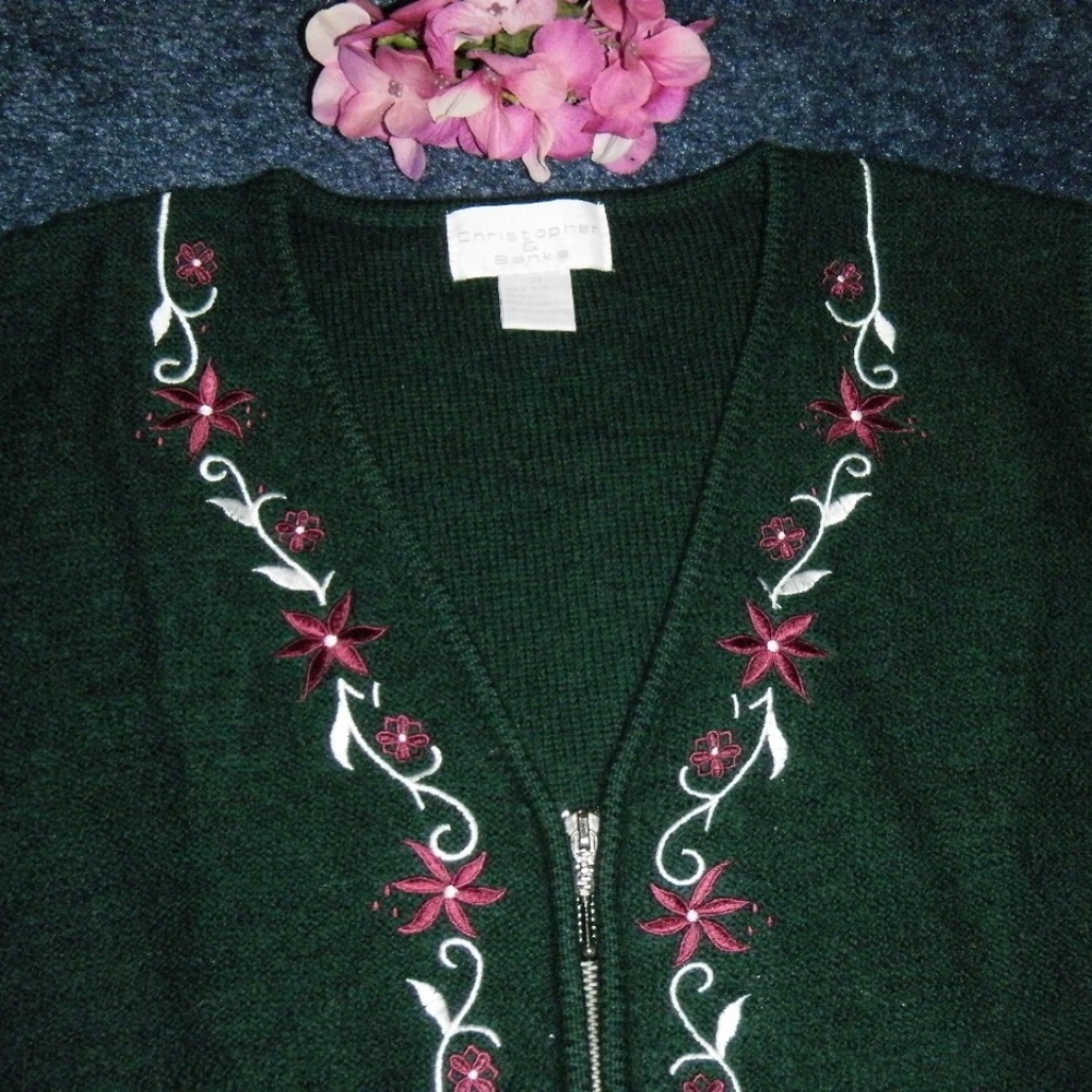 CHRISTOPHER&BANKS Green Wool Embroidered Vest M